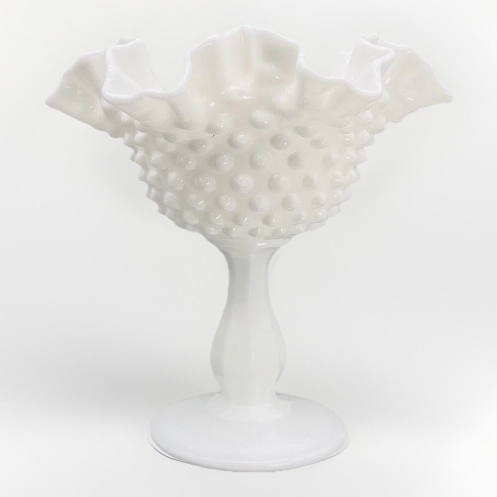 VTG Fenton White Milk Glass Pedestal Compote Ruffled Hobnail Candy Dish Riser